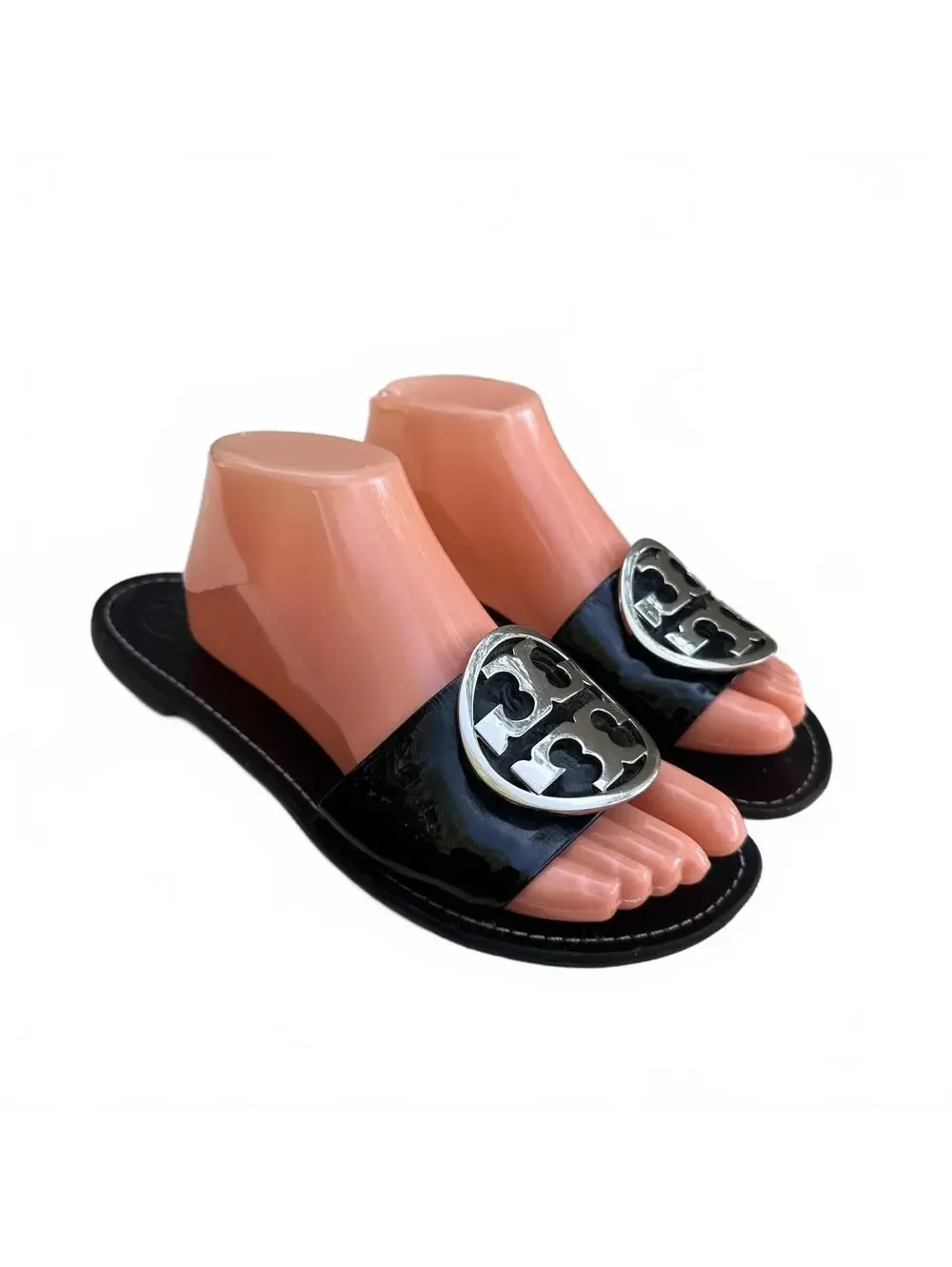 Tory Burch Grania Black Patent Leather Slide Sandals Silver Logo Size 10